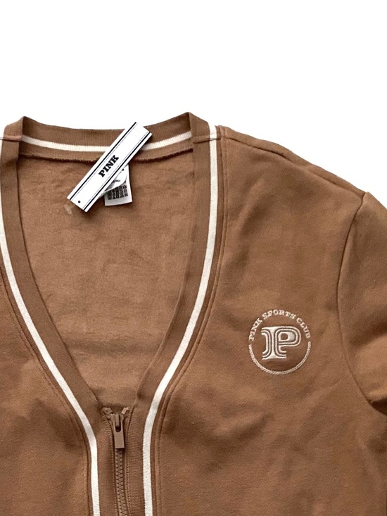 PINK Victoria's Secret Sweater Varsity Full Zip Cardigan Logo Tan w Stripe Nwt - Picture 3 of 3